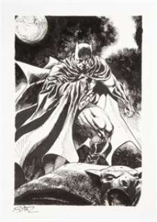 Staz Johnson - Batman Illustration Original Art (undated). Batman prepares to leap into action from his gothic - | Heritage