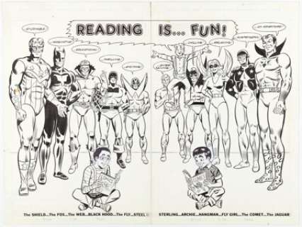 Archie Artist "Reading is... Fun!" MLJ Heroes Double Splash Page House Ad Original Art (Archie, 1986). | Heritage