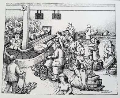 Serre, Claude | Serre, Claude - Dessin original - Les Vacances - L’Arrivée des bagages - (1984) | Catawiki