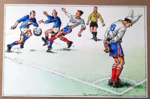 Serre, Claude | Serre, Claude - Dessin original couleur - La Forme olympique - Football bonnet d’Ã¢ne - (1993) | Catawiki