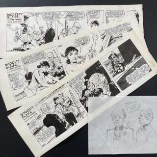 Colvin, Neville | Modesty Blaise - 3 original comic strips - 5880, 5881, 5882 + character sketch - Modesty Blaise - Body Search - (1983) | Catawiki