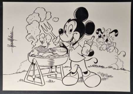 Lara Molinari | Topolino - Lara Molinari - illustrazione originale "Barbecue con Pluto" - Page volante - Exemplaire unique - (2020) | Catawiki