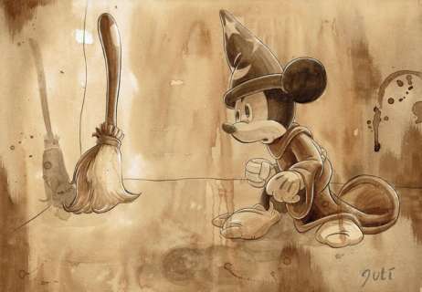 Guti, Coffee Artist | Mickey Sorcerer & The Magic Broom - Original Coffee Painting - Guti Signed - Original Art - 45 x 33 cm | Catawiki