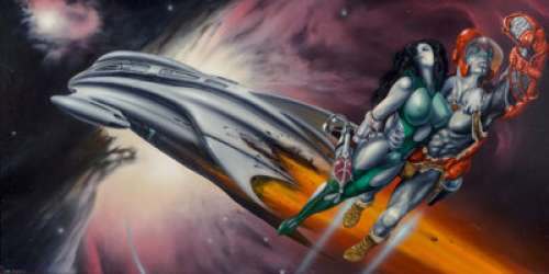  - Jim Burns (American, b. 1948)
 Great Balls of Fire book cover, 1977-2002
 Acrylic on board
 15 x 29-3/4 in.
 Signed and ...