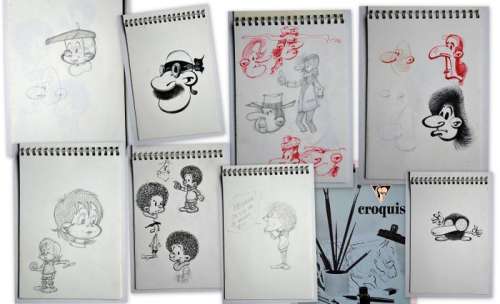 Studio Peyo / Closter, Éric | Studio Peyo / Eric Closter - Schetsboek met 8 tekeningen In potlood en in inkt - o.a. Steven Sterk - (1980) | Catawiki