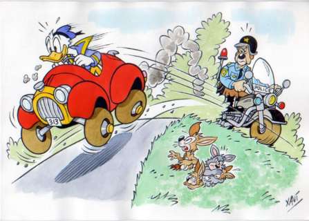 Xavi (Xavier Vives Mateu) | Donald Duck - Dibujo original - don’t drive so fast Donald!! - XAVI - (2022) | Catawiki