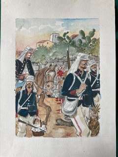 Lele Vianello | Lele Vianello - Acquerello originale: Soldati in tenuta estiva in marcia - Page volante - EO - (2014) | Catawiki