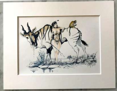 Vleeschouwer, Willem | Vleeschouwer, Willem - Originele tekening - ’Juana met Gnoe èn aap’ - (2022) | Catawiki