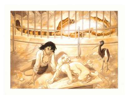 Frank Pé - Dans cette illustration, on retrouve Manon, l‘héroïne de Zoo, dans son élément: le zoo et la sculpture animalière. Tout est sensuel dans cette image: La lumière qui caresse littéralement les personnages dans un chatoiement de couleurs chaudes; Manon, dont le décolleté dévoile les charmes, le léopard qui en ronronne de plaisir, tandis que l‘échassier ébouriffé qui lui fait face observe avec inquiétude le félin sculpté.