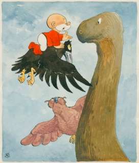 Dulieu, Jean (Oort, Jan Van) | Dulieu, Jean - Paulus de Boskabouter - Originele aquarel - "Paulus, Salomo, Oehoeboeroe en Kareltje de Dino" - Gepubliceerd in EVA - (1963) | Catawiki