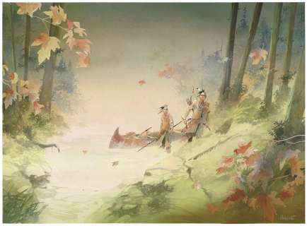 Patrick Prugne - Illustration originale, Automne sur le Saint-Laurent, 2016. Signée. Aquarelle sur papier