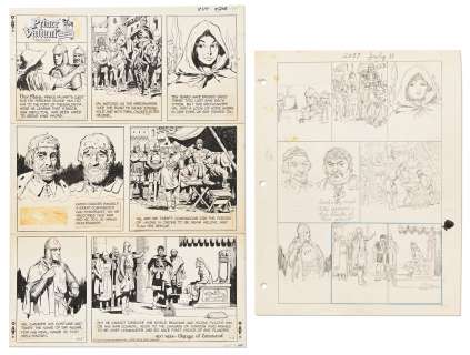 Lot of John Cullen Murphy ’’Prince Valiant’’ Sunday Comic Strip Artwork Plus Hal Foster Preliminary Sketches -- #2057 for Both Strip & Sketch, Dated 11 July 1976 | Nate Sanders
