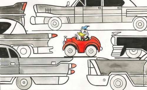 Tony Fernandez | Donald Duck Driving In The City - Original Painting - Tony Fernandez Signed - Original Watercolor Art - 48 x 32 cm - No reserve price! | Catawiki