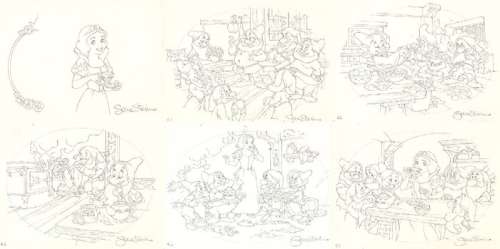 Sara Storino | Snow White & The Seven Dwarfs - Princess Tea Party - 6 Signed Original Pencil Artworks by Sara Storino - "Baking" - Page volante - (2004) | Catawiki