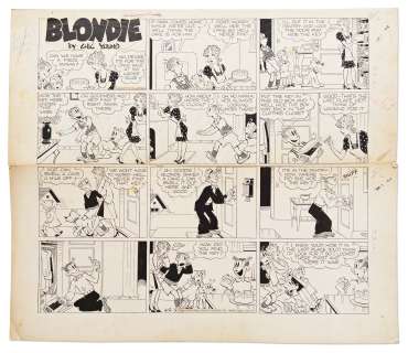 Chic Young Hand-Drawn ’’Blondie’’ Sunday Comic Strip From 1946 -- Dagwood Figures Out Blondie’s Hiding Spot | Nate Sanders