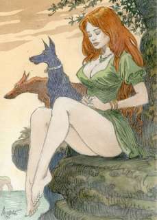 Aouamri, Mohamed | Aouamri, Mohamed - Dessin original couleur - Rousse aux deux chiens - (2022) | Catawiki