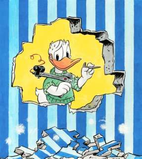 Jordi Juan Pujol | Donald Duck - Tribute to Gaston Lagaffe in "Gaffes En Pagaille" - Original Painting - Jordi Juan Pujol - Signed (front and back) - Original Watercolor - Original Art | Catawiki