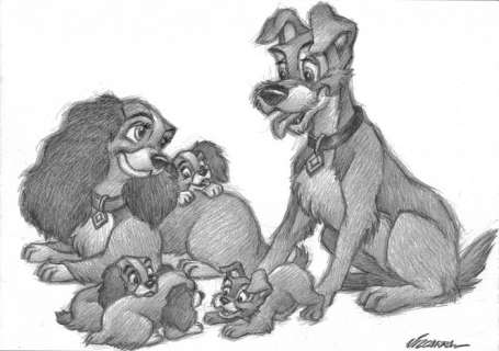 Joan Vizcarra | Lady and the Tramp, Lady and the Tramp with Puppies: Scamp, Annette, Collette, and Danielle - Original Drawing - Joan Vizcarra - Pencil Art - Original Artwork | Catawiki