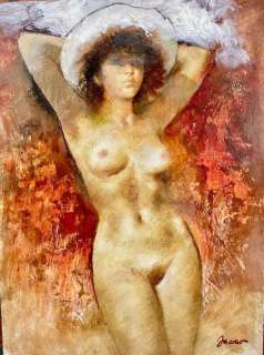 Carlo Jacono | Nudi d’Autore - Carlo Jacono - dipinto di nudo femminile con braccia alzate - (1975) | Catawiki