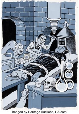 Joe Matt Fair Weather Dr. Shock and Frankenstein‘s Monster Back Cover Painting Original Art (Drawn & Quarterly, 2002).