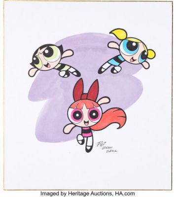 Phil Moy The Powerpuff Girls Blossom, Bubbles, and Buttercup Signed Shikishi (Cartoon Network, 2001). | Heritage