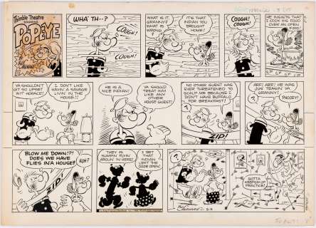 Bud Sagendorf | Striscia originale domenicale Sunday comic strip Popeye. Cm. 58 x 42 (enormous size). King Features Syndicate 03-5-1964. Firmata. | Art e Fumetto