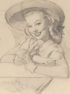 Gil Elvgren (American, 1914-1980) Pretty Young Farmer, Canada Dry Spur Soda ad study, c. 1946 Charcoal on tracing pape...