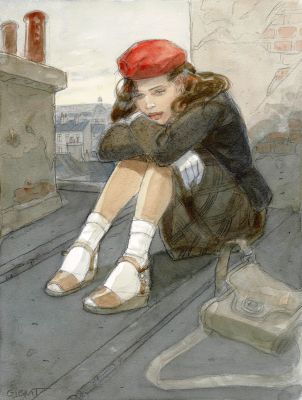 Gibrat - Lot 342 - Le vol du corbeau, Jeanne sur les toits de Paris, dessin original grand format à l’aquarelle.