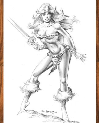 Romero, Enric Badia - Crayon original - Axa Girl with Sword - Hand Signed | Catawiki