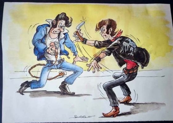 Serre, Claude - 1 Original colour drawing - humour noir - bagarre aux rasoirs - 1984 | Catawiki