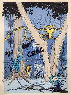 Franquin, André - 1 Mise en couleur originale à l’acrylique + calque - Pour les yeux de la Marsupilami - Album Spirou N°60, couverture - 1957 | Catawiki