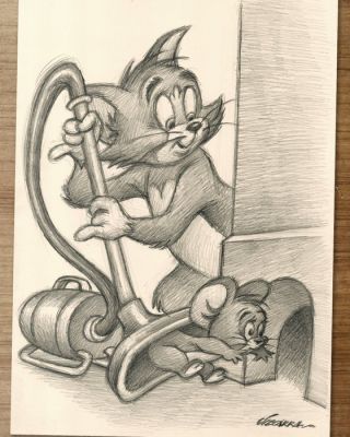 Joan Vizcarra Pencil drawing - Tom & Jerry “Vacuum Trap" – Hand Signed Original Artwork | Catawiki