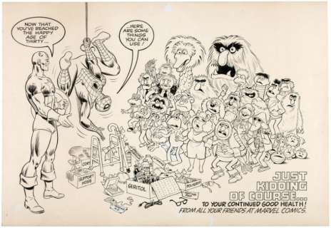 CAPTAIN AMERICA & SPIDER-MAN WITH MUPPETS & SESAME STREET CHARACTERS  JOHN ROMITA SR.ORIGINAL  ART. | Hake’s