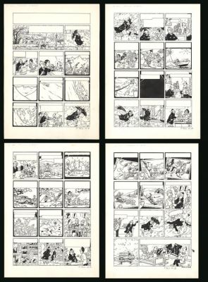 Bob de Moor | Ensemble de quatre planches originales publiées dans le Journal de Tintin : Vacances d’Hiver - histoire complète - Monsieur Tric | Daniel Maghen