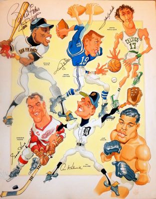 Bob Bentovoja - Huge Published Painting (& Print) By Bob Bentovoja Featuring Original Autographs By Willie Mayes, Johnny Unitas, Al Kaline, John Mavlicek, And Gordie Howe - All Hall of Famer‘s (1960‘S)