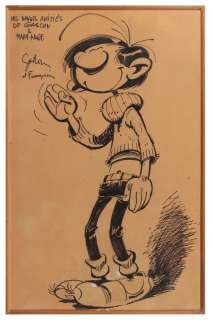 Franquin | Gaston, grande illustration au feutre et rehauts… | Millon