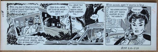 Bob Lubbers | Striscia originale daily comic strip Secret Agent X9 (King Features Syndicate, 1963). Matita, china e acquarello su Duotone cardboard.  Cm. 45 x 14,5. Firmata come Bob Lewis. | Art e Fumetto