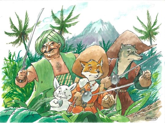 Lot 128 - MASBOU né en 1963. De cape et de crocs. Dessin aux quatre personnages.