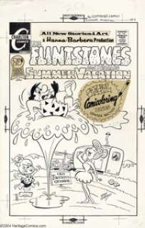 Ray Dirgo - Original Cover Art for the Flintstones Summer Vacation #8 (Charlton, 1971). Fred gets a shower from - | Heritage