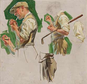 JOSEPH CHRISTIAN LEYENDECKER (1874-1951) Golfer Lighting a Cigarette. [GOLF / SMOKING] | Swann Galleries