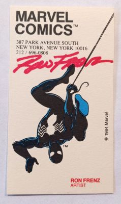 Ron Frenz | 1984 Ron Frenz Marvel Business Card, Autographed Black Suit Spiderman | Catskill Comics