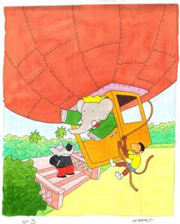 GIBERT Jean-Claude - Illustration de BABAR à l‘aquarelle pour une couverture de cassette viidéo- Mongolfière
