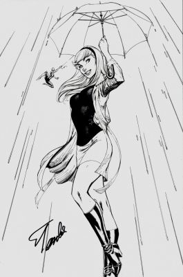 J. Scott Campbell - Spider-Gwen #24 Cover (Large Gwen Stacy Wearing Her Famous Asm #121 Outfit in the Rain As Spider-Man Swings in Background!) 2017
