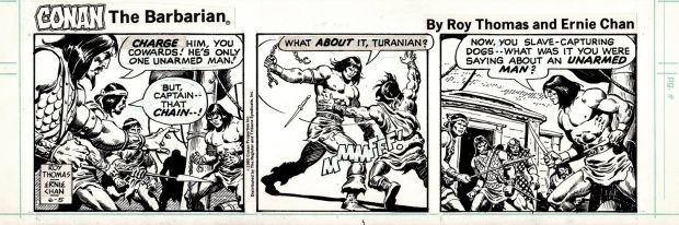Ernie Chan | Conan the Barbarian Daily Comic Strip (Conan in All 3 Panels Battling on a Barbarian Treasure Ship!) 6-5-1980 | Romitaman