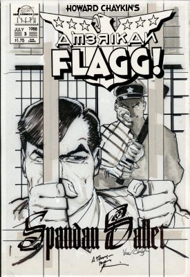 Howard Chaykin | Chaykin, Howard - Amerikan Flagg #3 Color, American Flagg Behind Euro Bars 1988 | Cool Lines Art