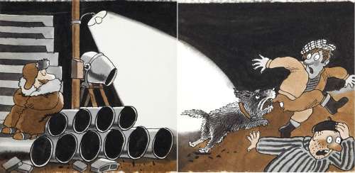 Jerzy Flisak (1930 - 2008) | Jerzy Flisak | "Bardzo zajęte psy", projekt ilustracji do książki Ryszarda Marka Grońskiego, str. 10-11, 1986 | Desa Unicum