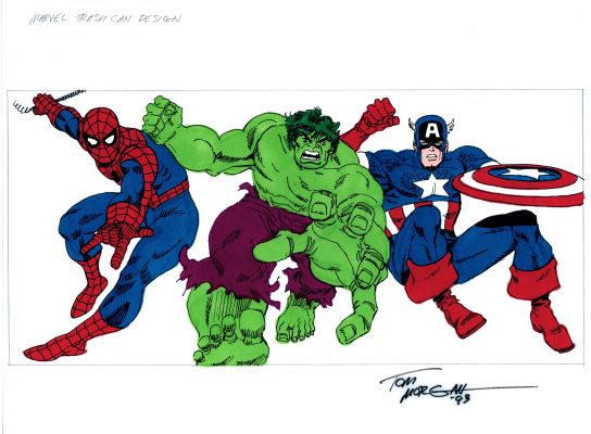 Tom Morgan | Marvel Trash Can Original Art (Spider-Man, Incredible Hulk, Captain America All Charging Forward) 1993 | Romitaman
