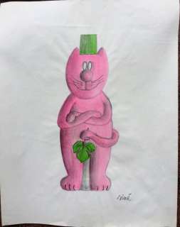 Siné (Sinet, Maurice) - Dessin original au crayons couleurs "Chat rose" + 3 croquis au crayon + documents (1962) | Catawiki
