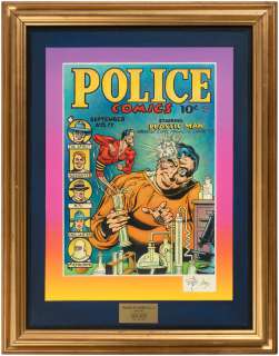 GILL FOX "POLICE COMICS" #11 COVER RECREATION ORIGINAL ART FRAMED DISPLAY.