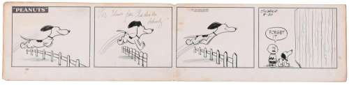 CHARLES M. SCHULZ, AMERICAN 1922-2000, PEANUTS DAILY COMIC STRIP ORIGINAL, 1955, Ink on card, Card: 6 1/2 x 28 3/4 in. (16.5 x 73 cm.) | misc / divers